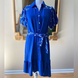Adrienne Vittadini Royal Blue Embroidered Puff Sleeve Shirt Dress Belted New Sm